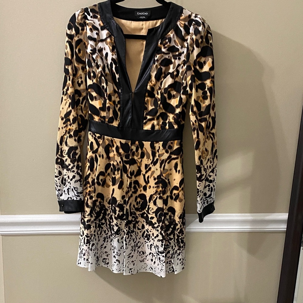 Bebe Animal Print Long Sleeve Dress - Black and Brown